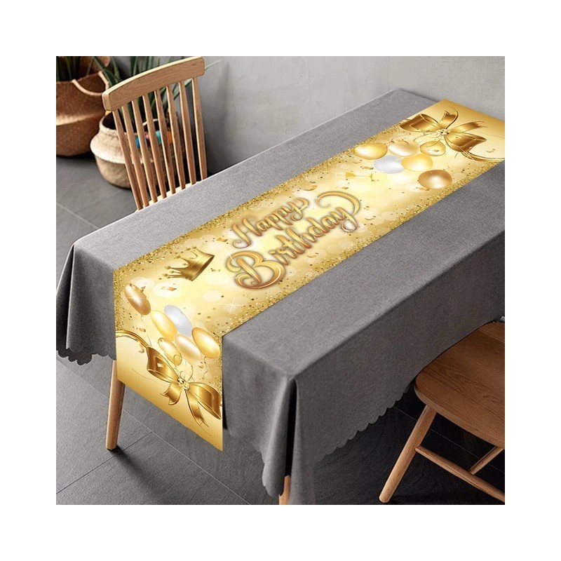 Gold birthday table runner, birthday tablecloth