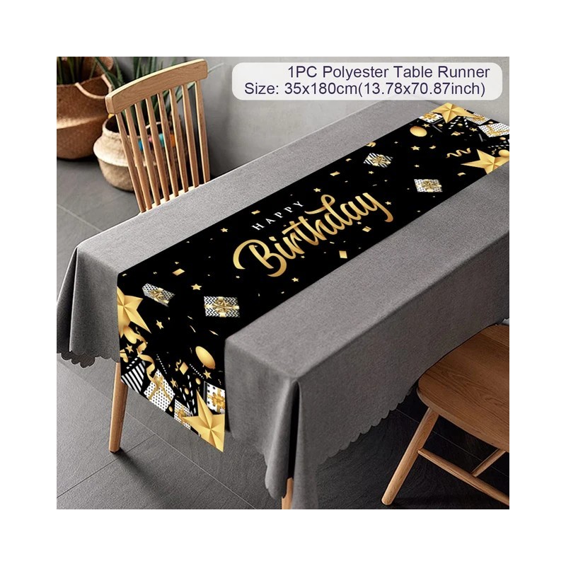 Black birthday table runner, birthday tablecloth,