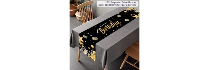 Black birthday table runner, birthday tablecloth,