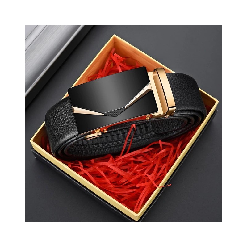 Ceinture 120cm en cuir véritable pour homme noir doré