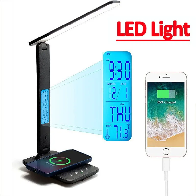 Chargeur sans fil LED, lampe de bureau, température, réveil