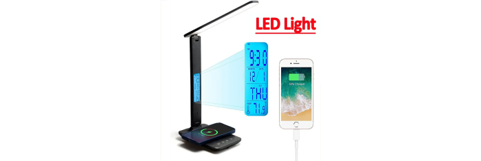 Wireless LED charger, desk lamp, temperature, alarm clock