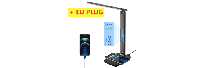 Wireless LED charger, desk lamp, temperature, alarm clock